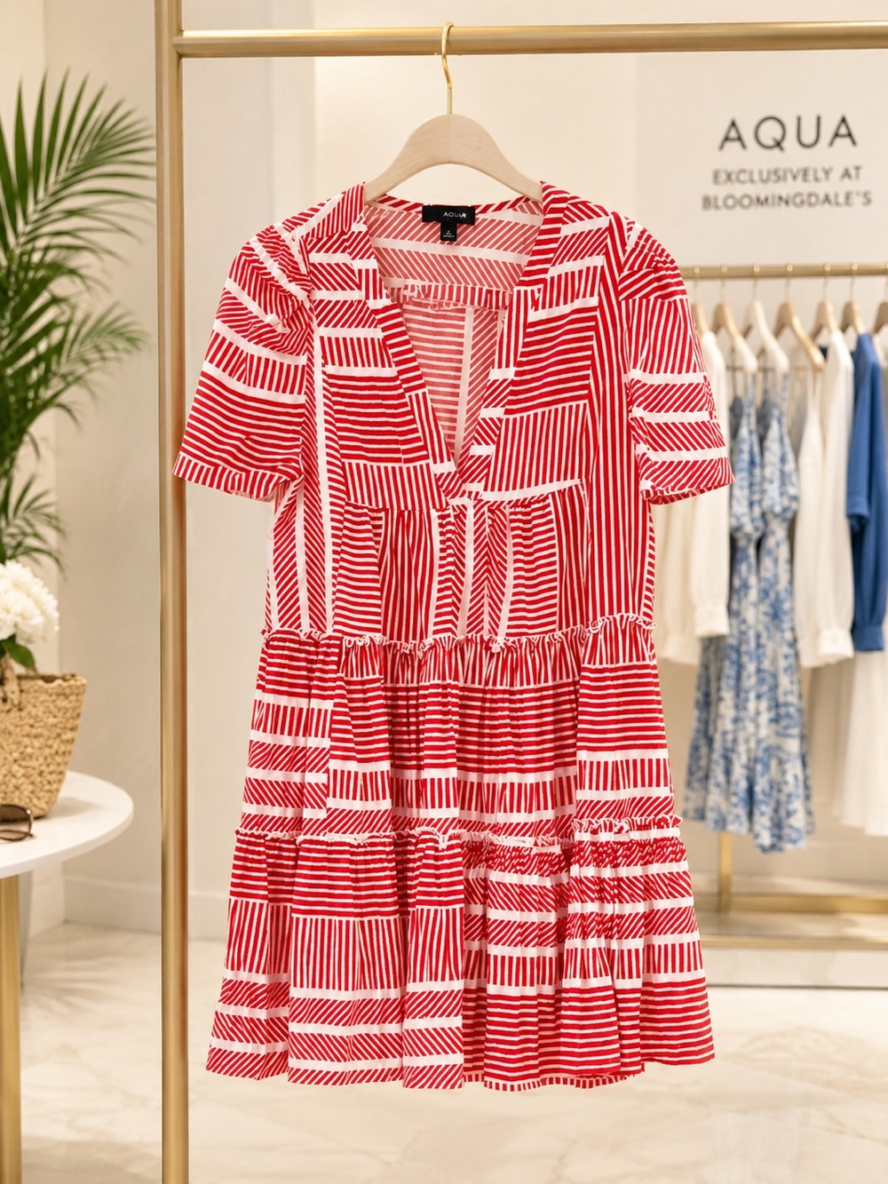 AQUA Bloomingdale’s Red White Striped Tiered Mini Dress Size L